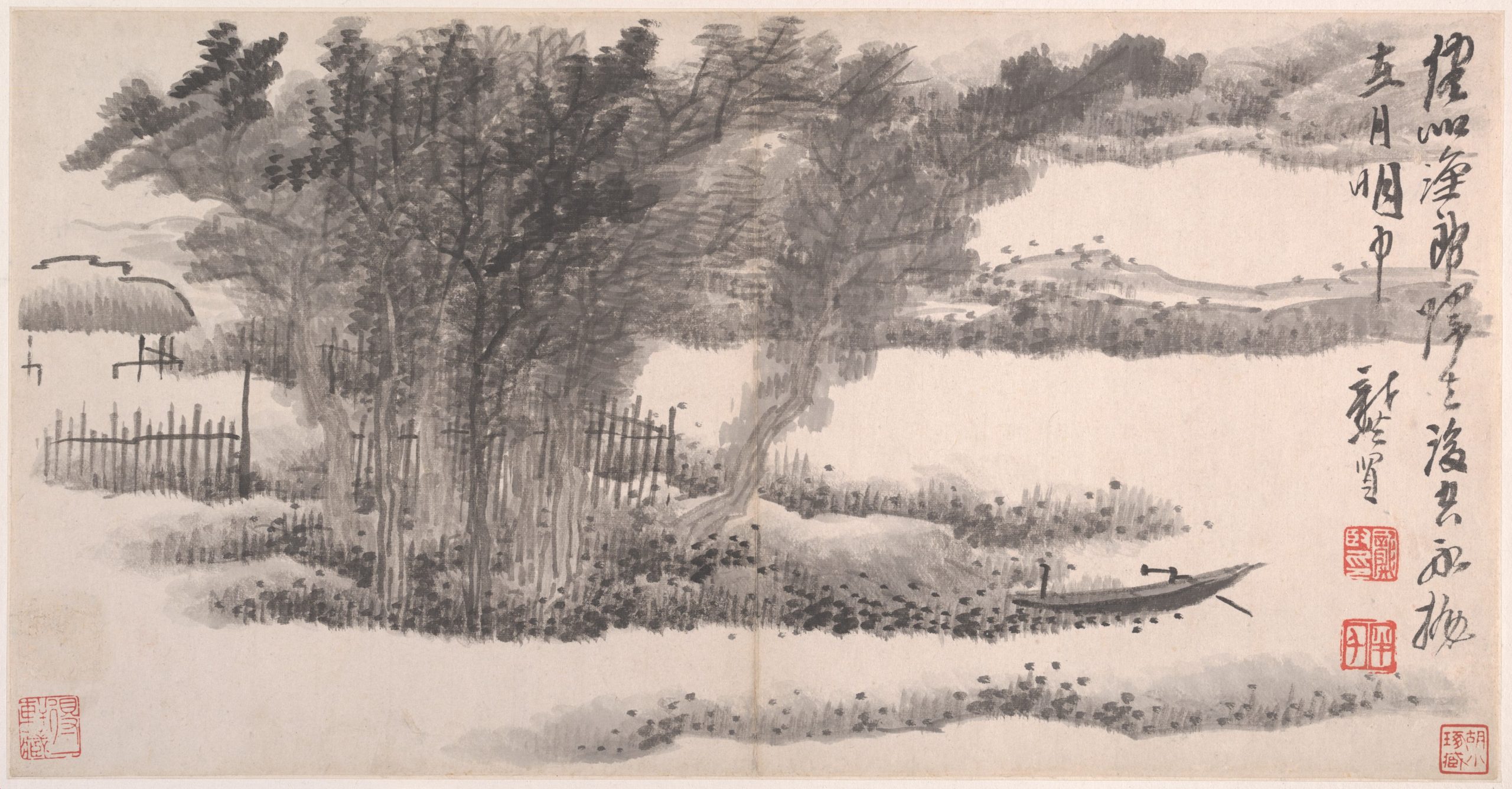 Traditional chinese ink landscape: riverbank with trees, a small boat, distant hills, and calligraphic text on the right side.
